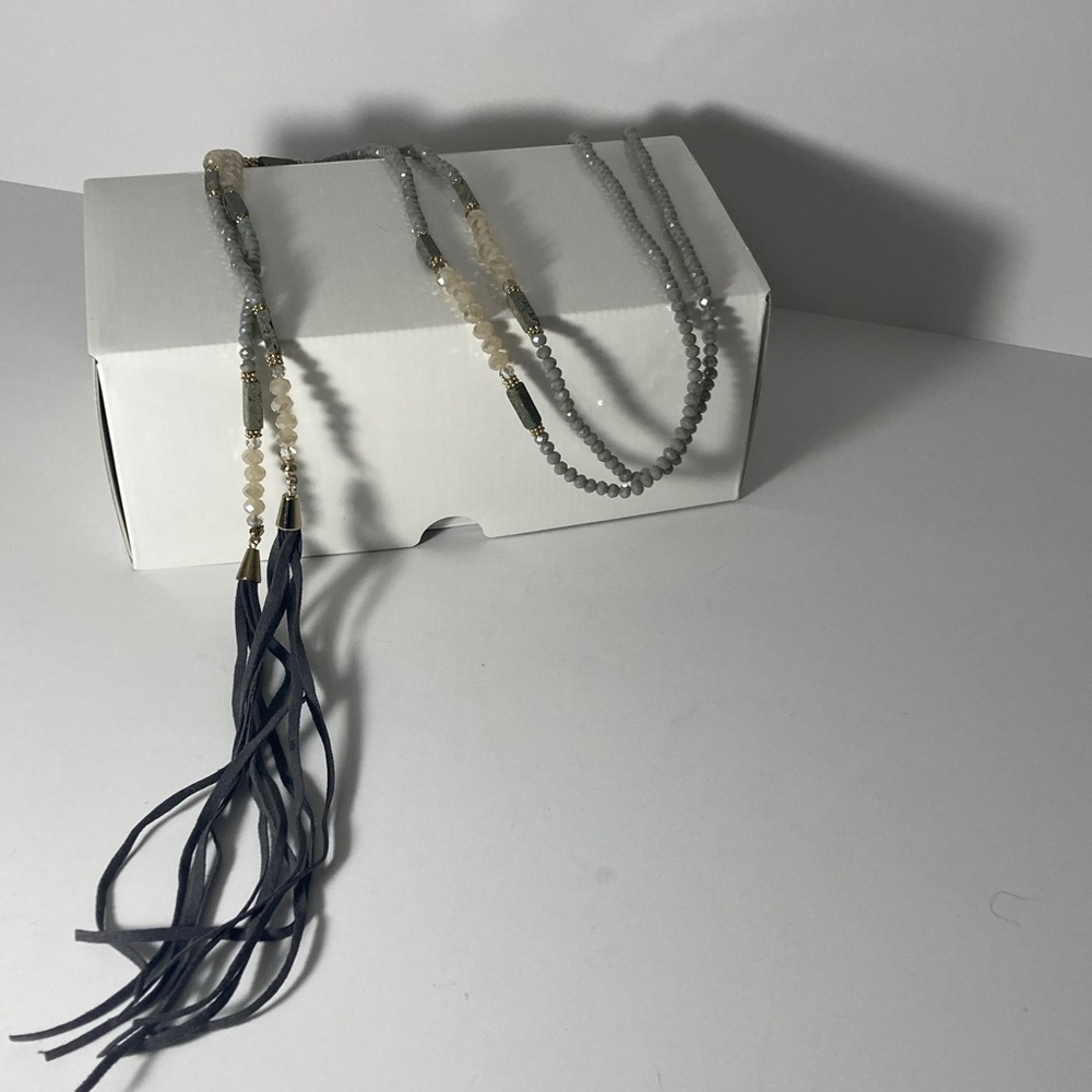 Long Gray and Cream Beaded Necklace with Tassels Open Style No Clasp